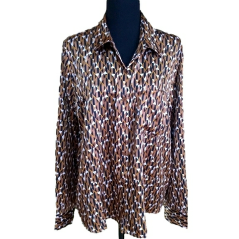 Women's Black & Brown Abstract Long Sleeve Button Down Blouse-Size L